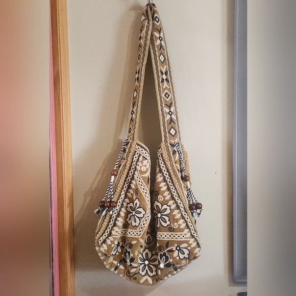 Free People Vic Velvet Slouchy Bag Embroidered Mirrors Beads Gilded Yellow Tote - Picture 4 of 11